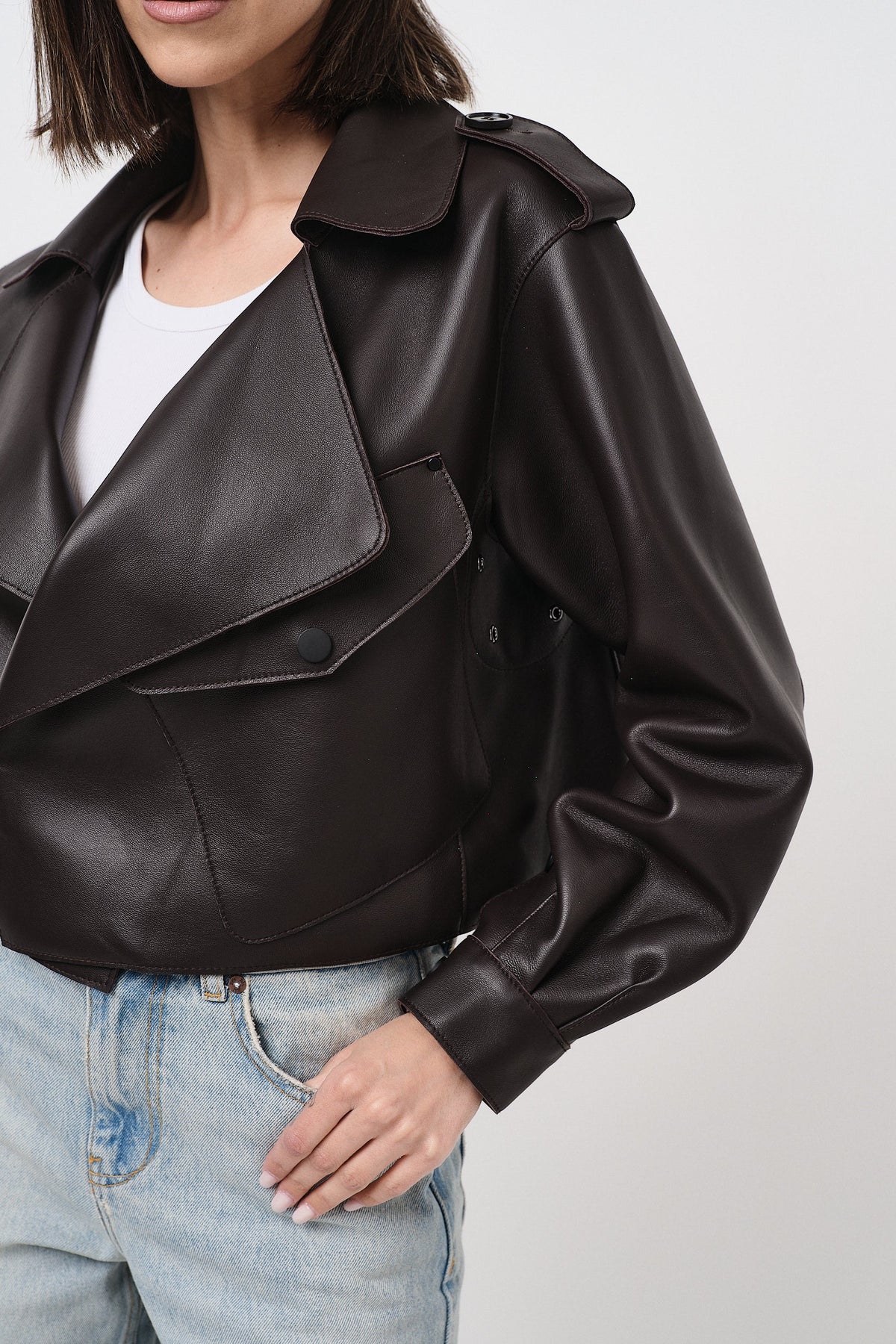 Emy Dark Brown Oversize - giacca da donna in vera pelle marrone scuro, dettaglio 9 | GIUMA Venezia