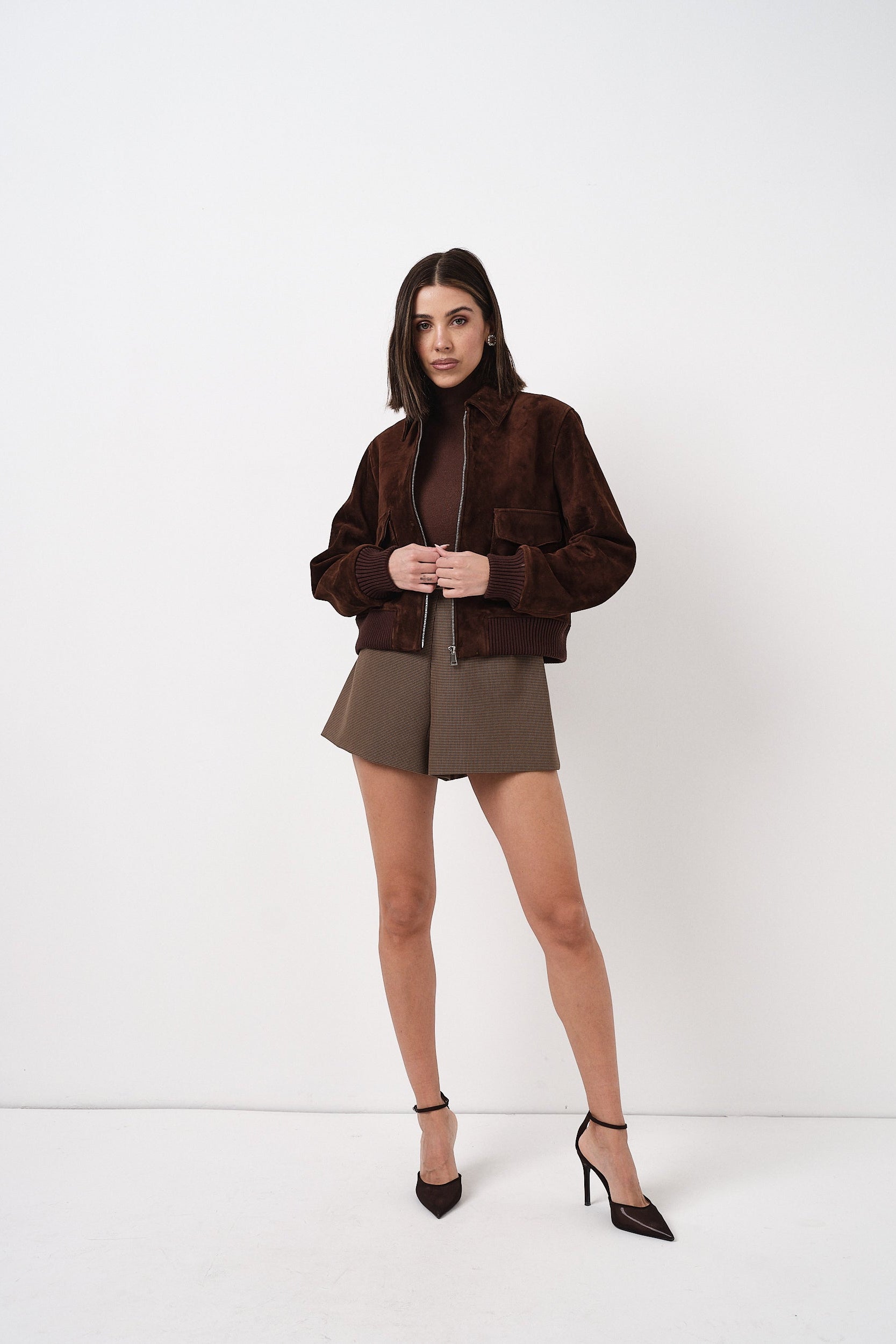 Jessie - giacca da donna in pelle scamosciata marrone, dettaglio 4 | GIUMA Venezia