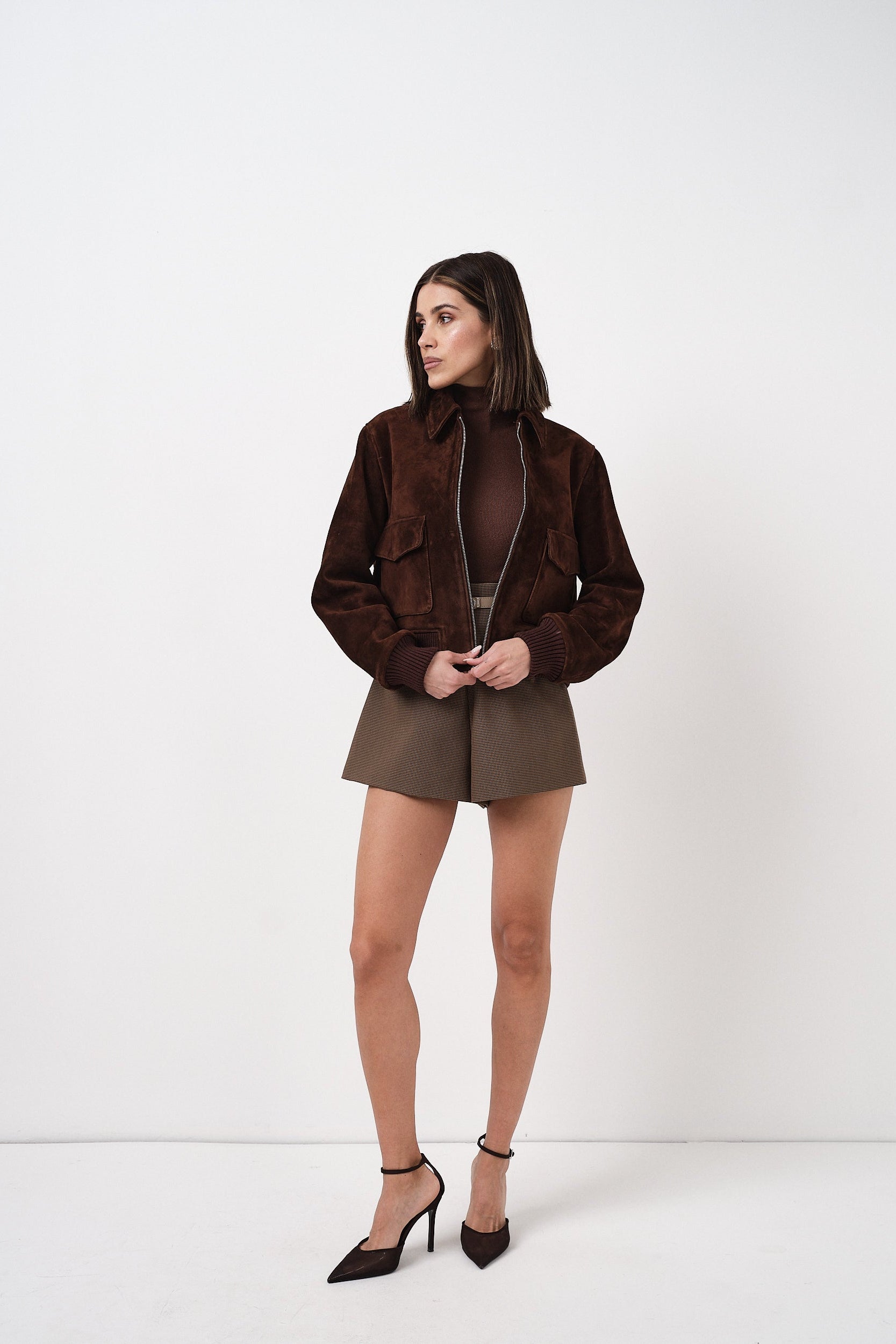 Jessie - giacca da donna in pelle scamosciata marrone, dettaglio 6 | GIUMA Venezia
