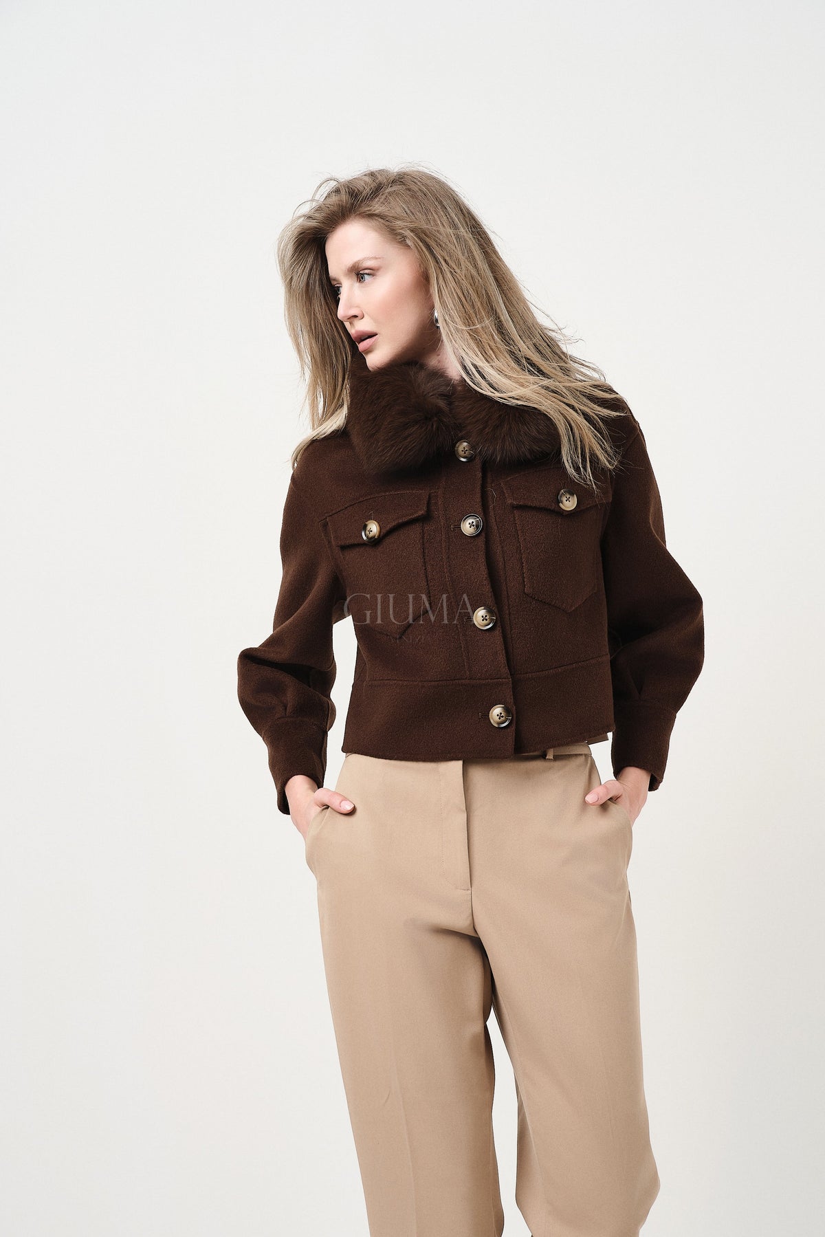 Lola Marrone - cappotto da donna in lana e cachemire marrone, dettaglio 3 | GIUMA Venezia