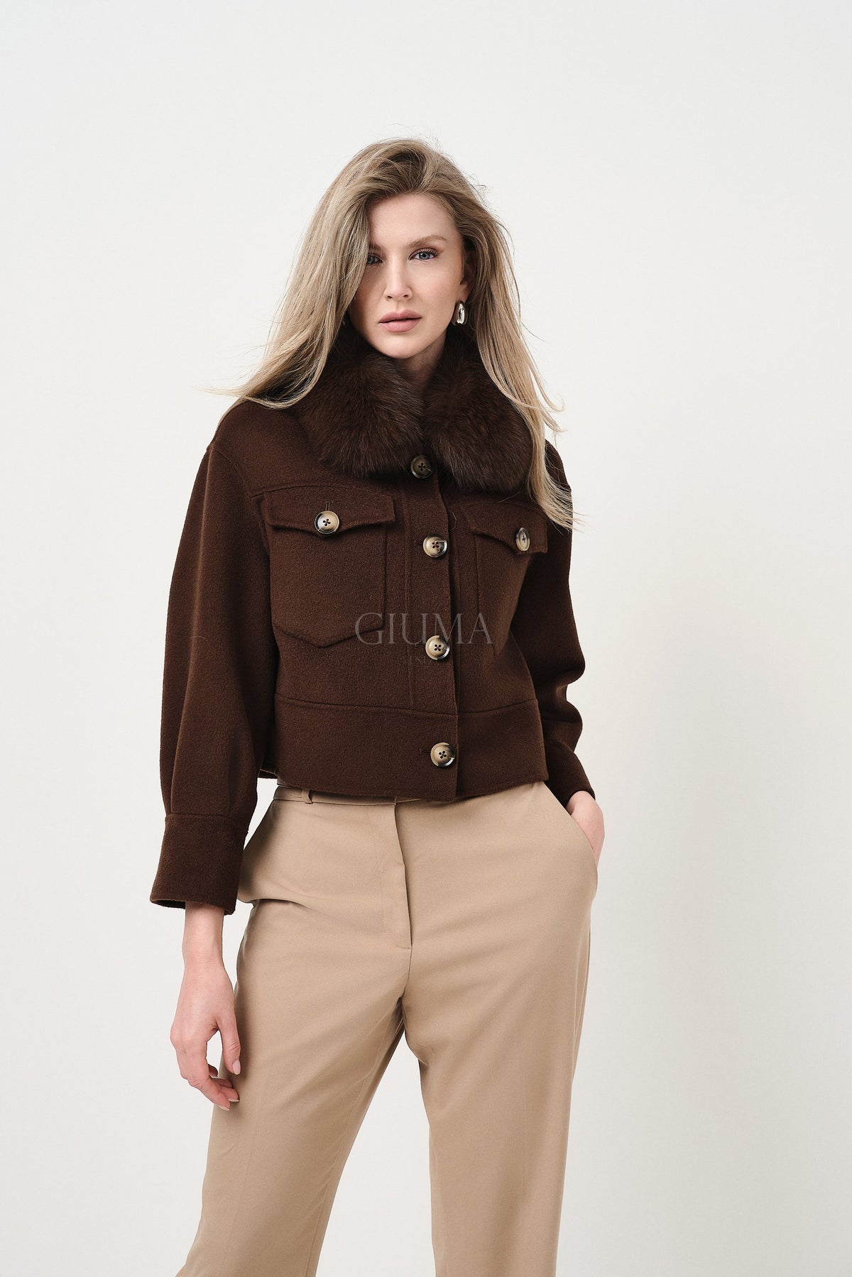 Lola Marrone - cappotto da donna in lana e cachemire marrone, dettaglio 8 | GIUMA Venezia