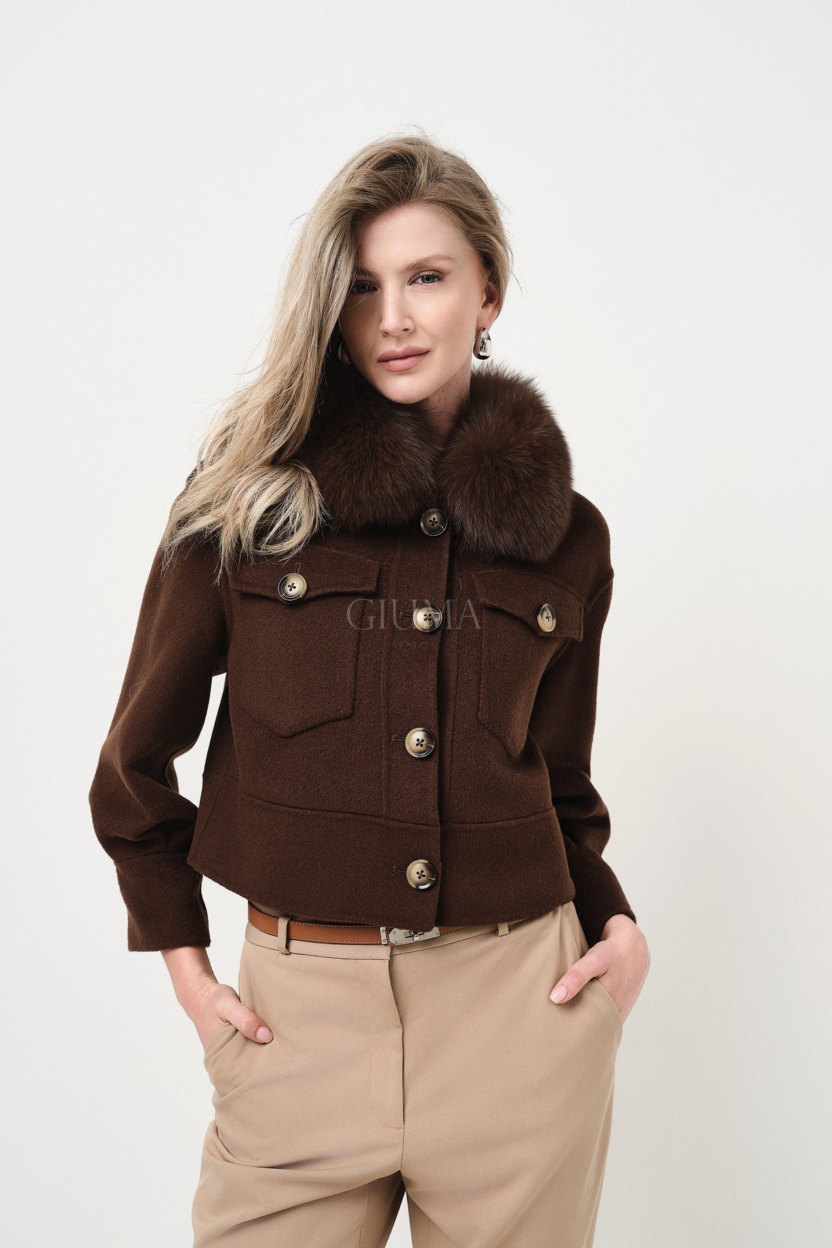 Lola Marrone - cappotto da donna in lana e cachemire marrone, dettaglio 11 | GIUMA Venezia