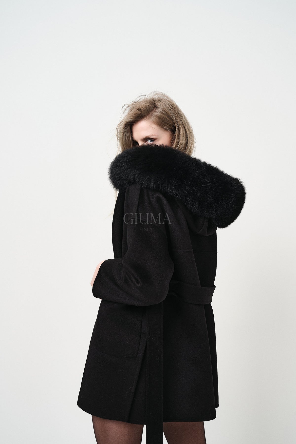 Agatha Black - cappotto da donna in lana e cachemire nero, dettaglio 9 | GIUMA Venezia