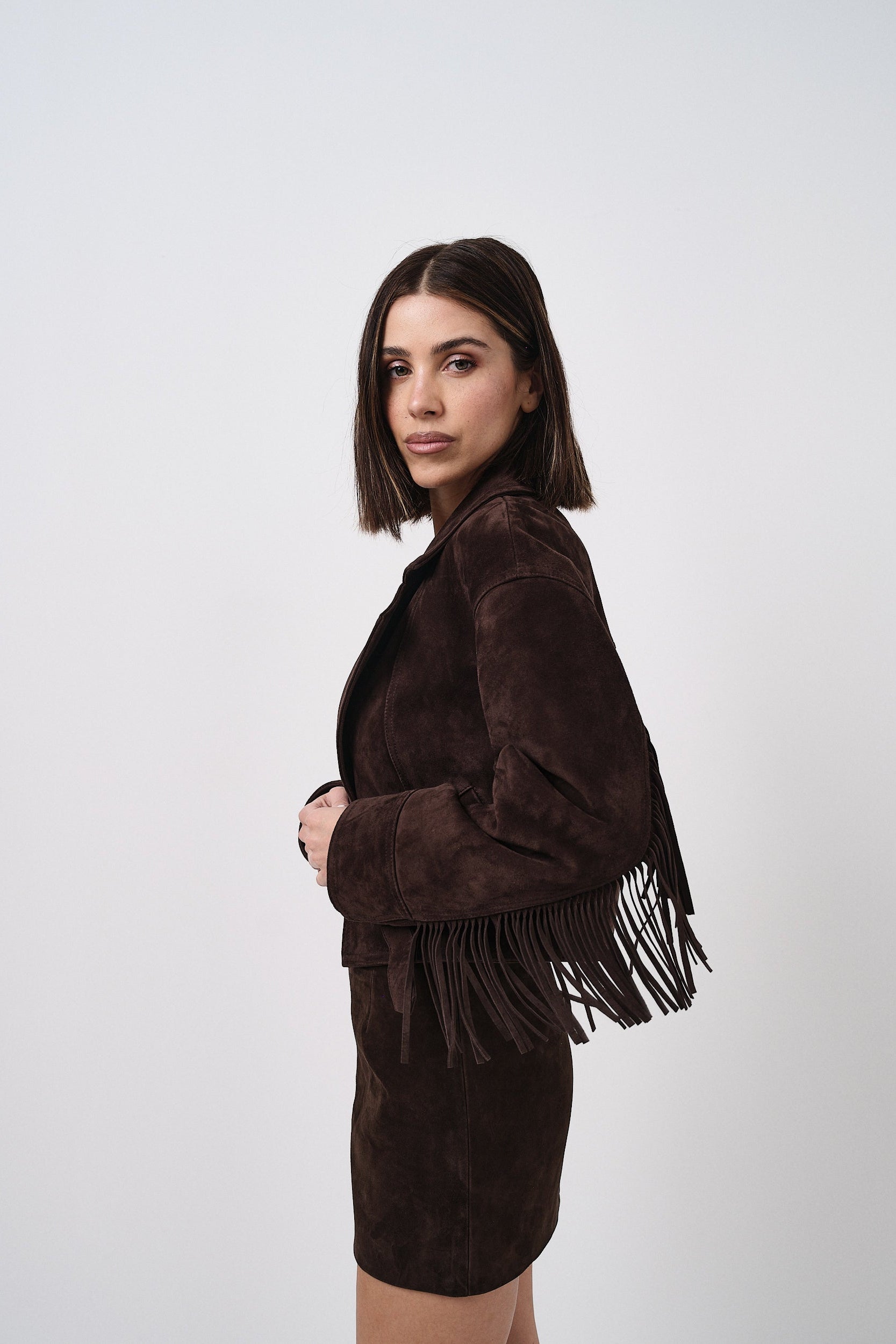 Texano Marrone - giacca da donna in pelle scamosciata marrone, dettaglio 4 | GIUMA Venezia