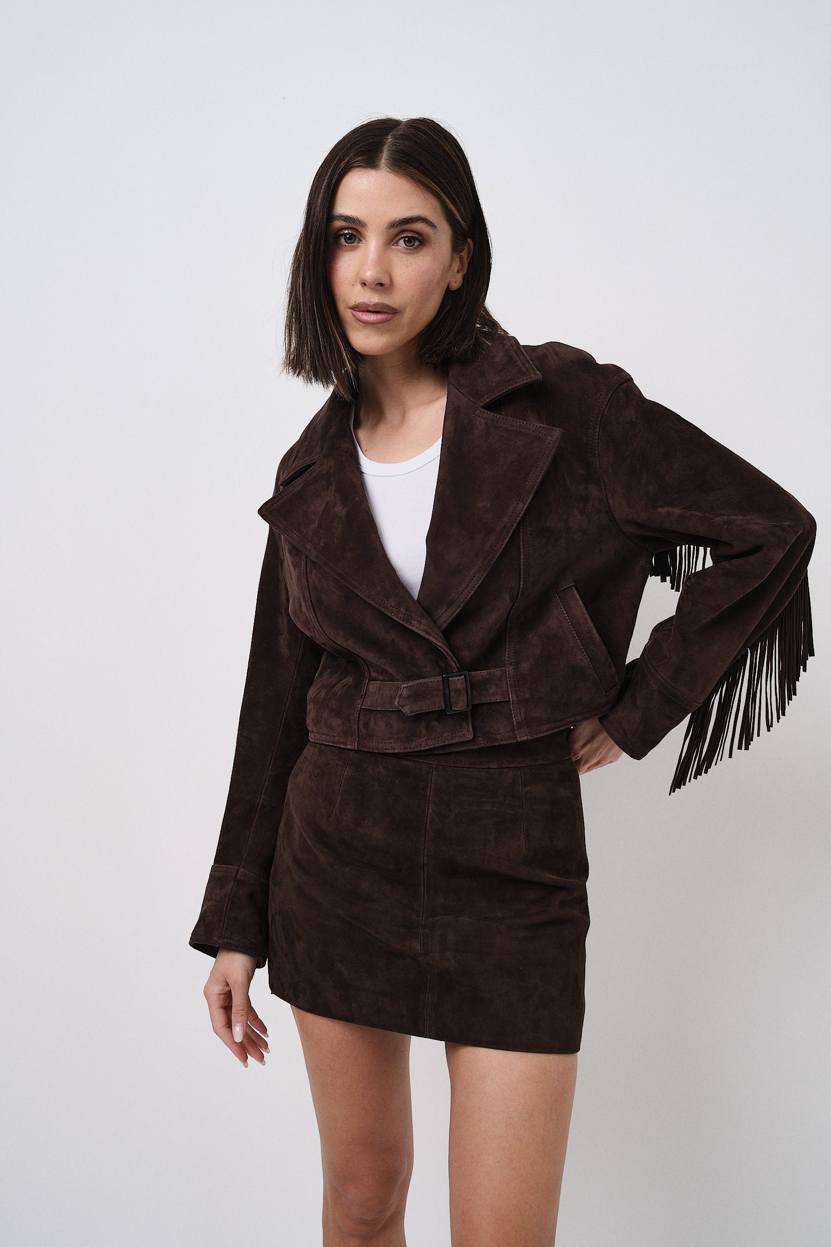 Texano Marrone - giacca da donna in pelle scamosciata marrone, vista principale | GIUMA Venezia