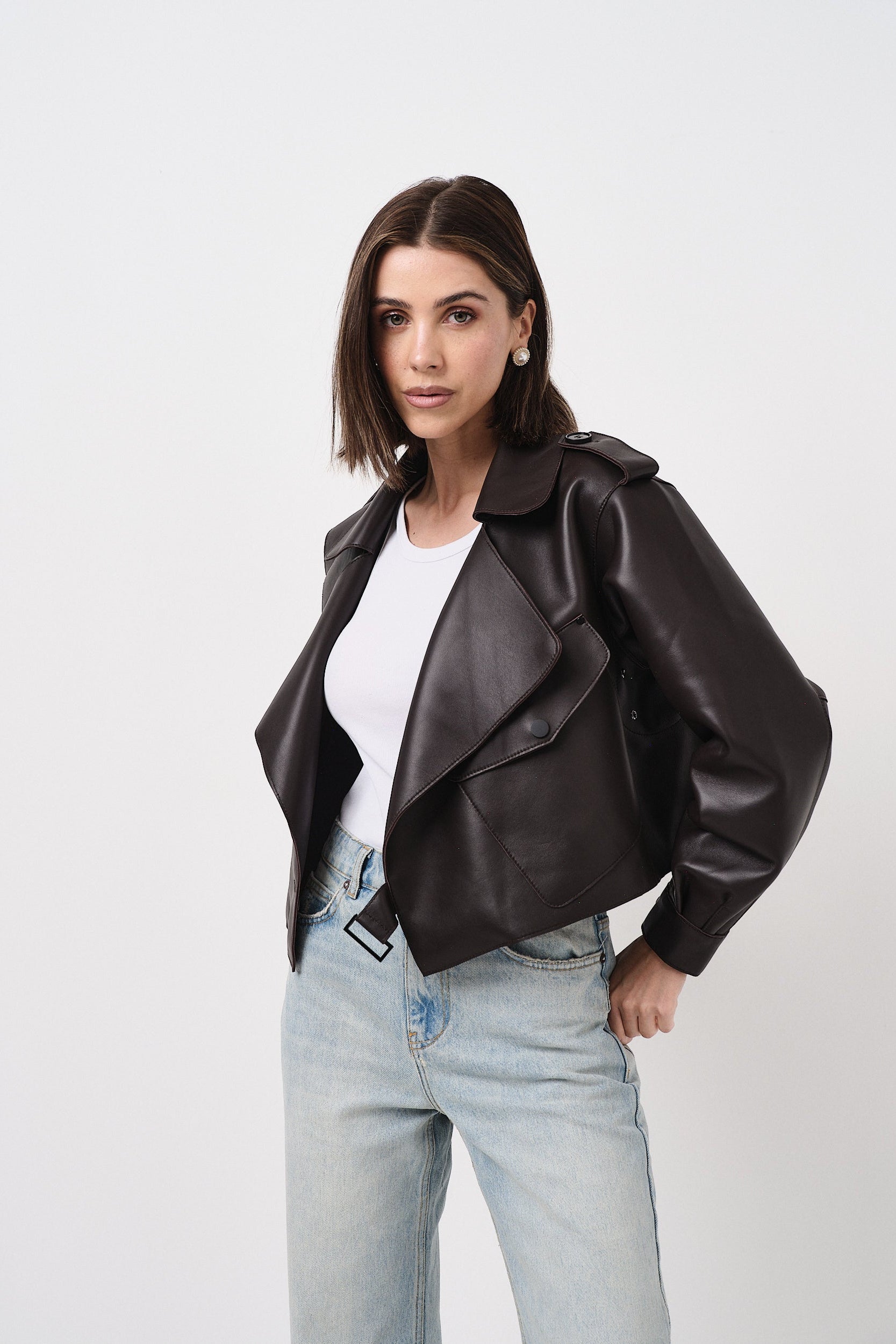 Emy Dark Brown Oversize - giacca da donna in vera pelle marrone scuro, vista principale | GIUMA Venezia