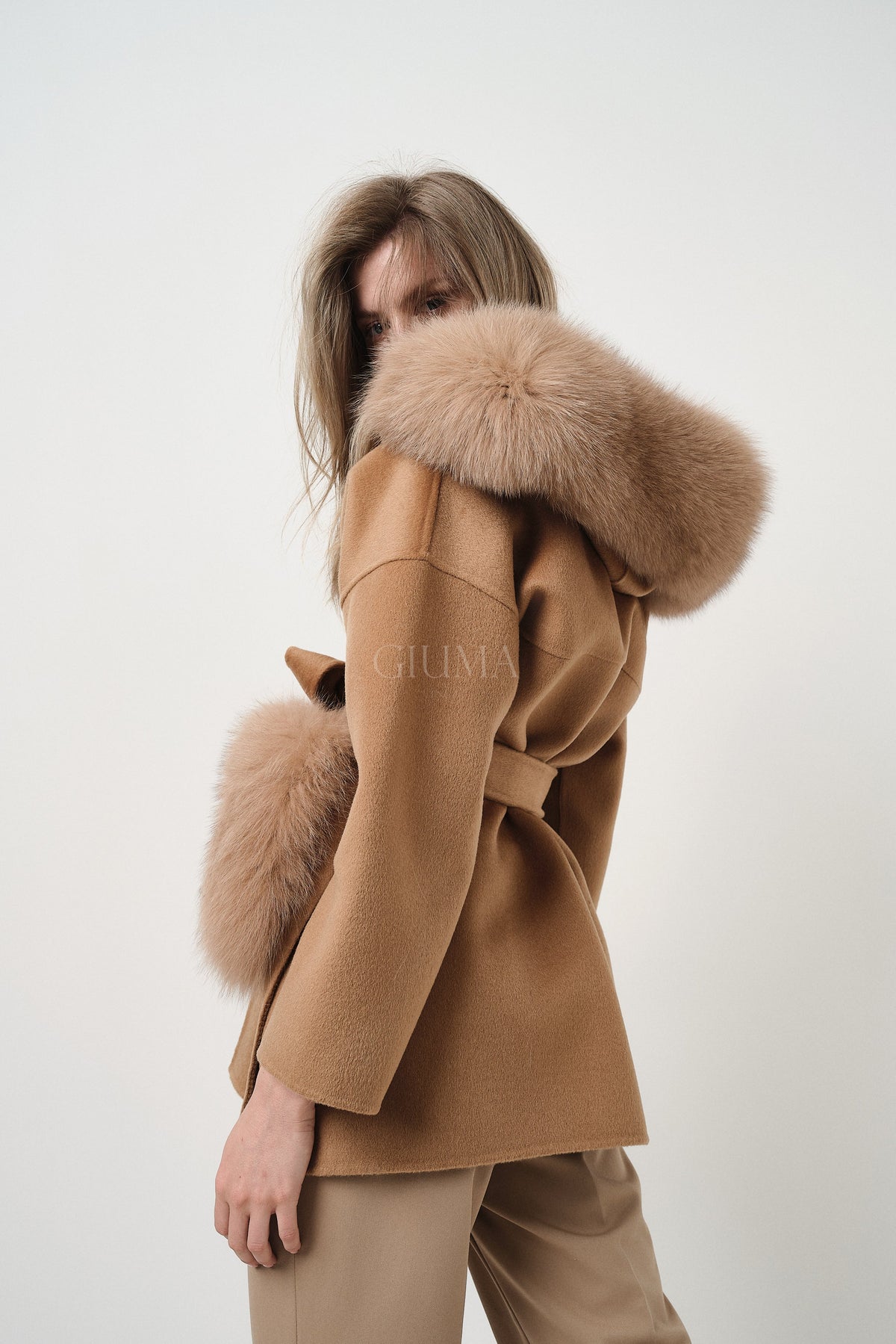 Penelope Cammello - cappotto da donna in lana e cachemire cammello, dettaglio 12 | GIUMA Venezia