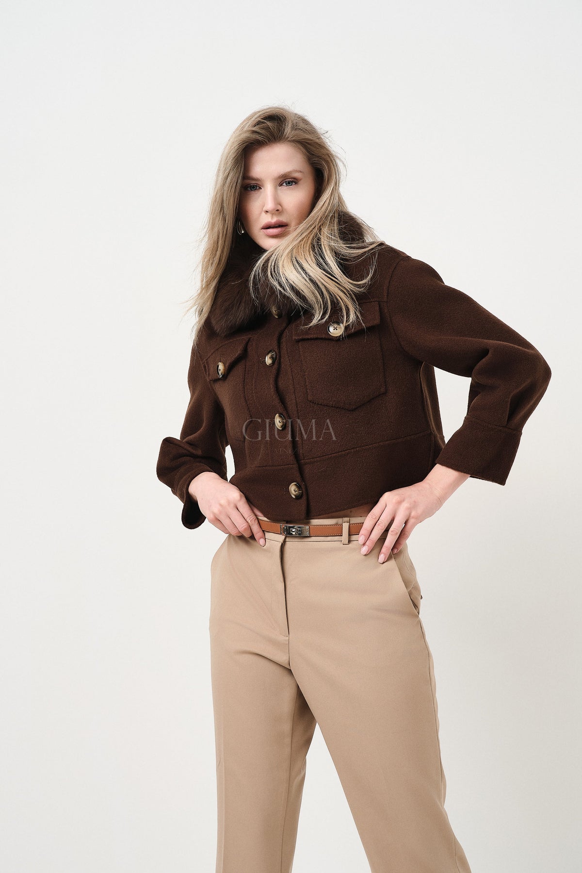 Lola Marrone - cappotto da donna in lana e cachemire marrone, dettaglio 4 | GIUMA Venezia