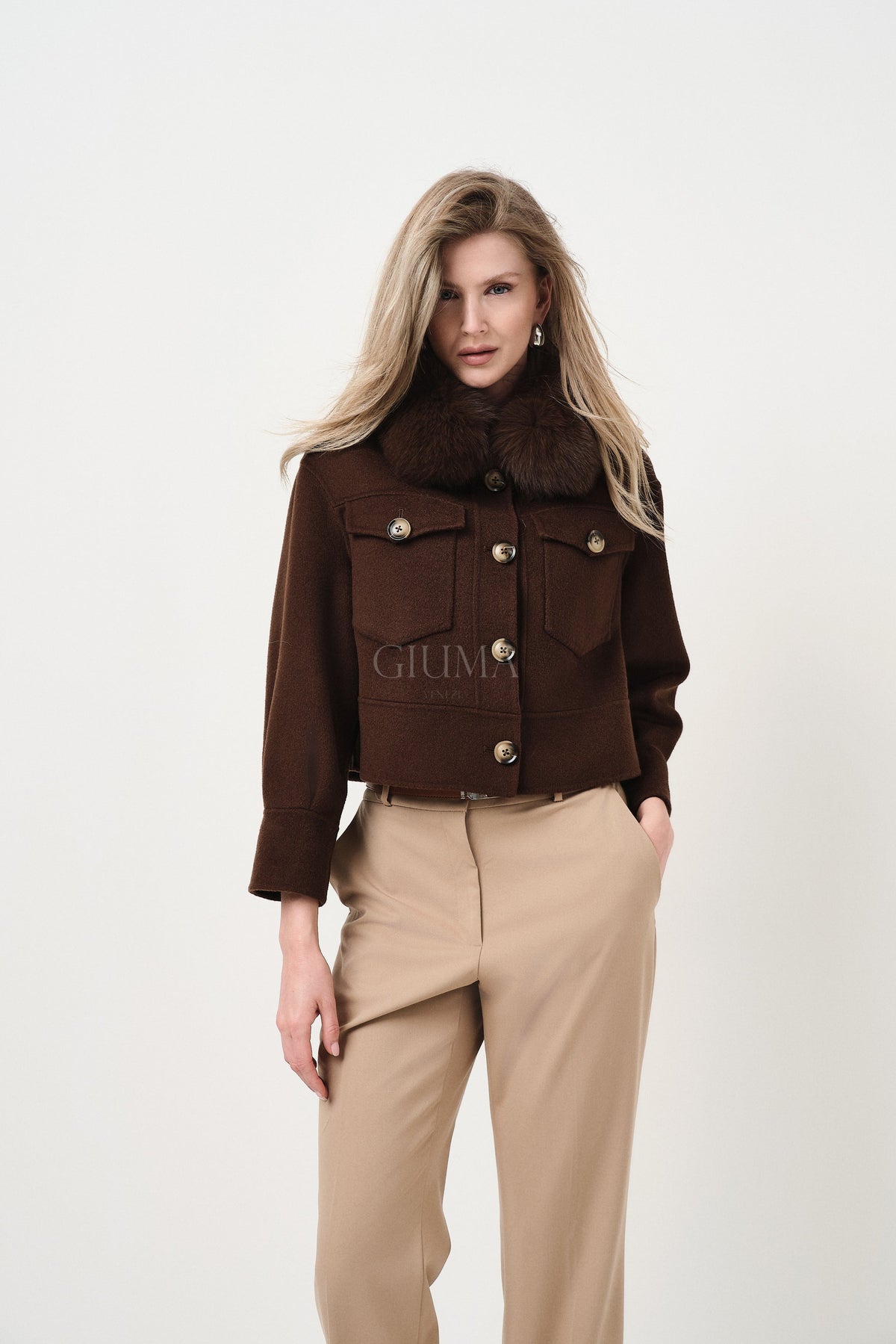 Lola Marrone - cappotto da donna in lana e cachemire marrone, dettaglio 5 | GIUMA Venezia