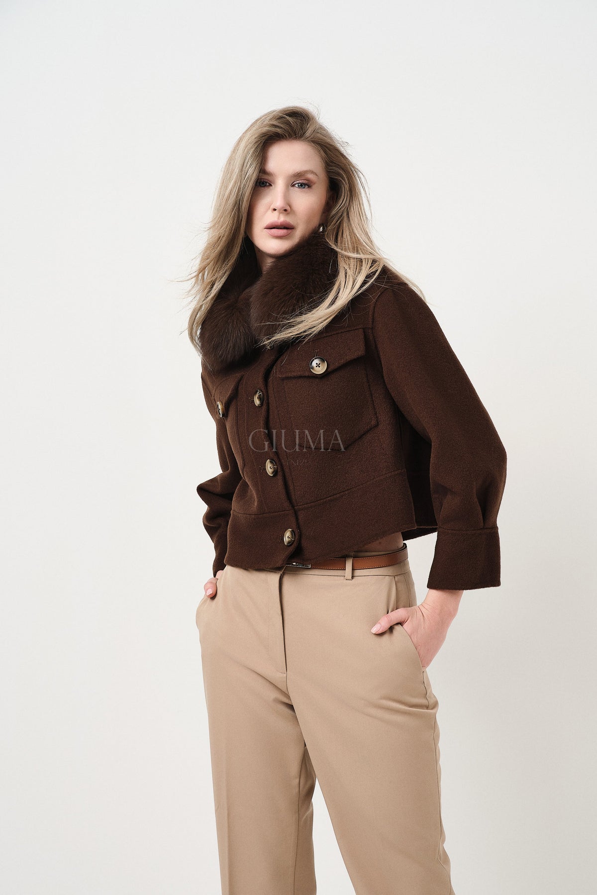 Lola Marrone - cappotto da donna in lana e cachemire marrone, dettaglio 6 | GIUMA Venezia