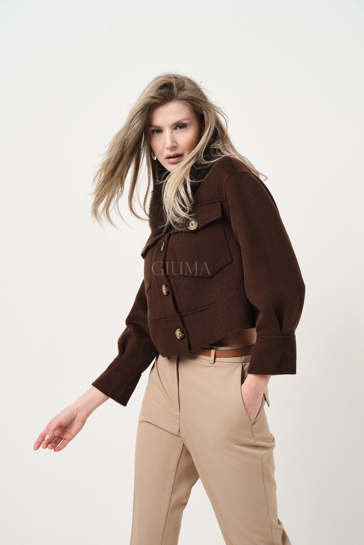 Lola Marrone - cappotto da donna in lana e cachemire marrone, dettaglio 7 | GIUMA Venezia