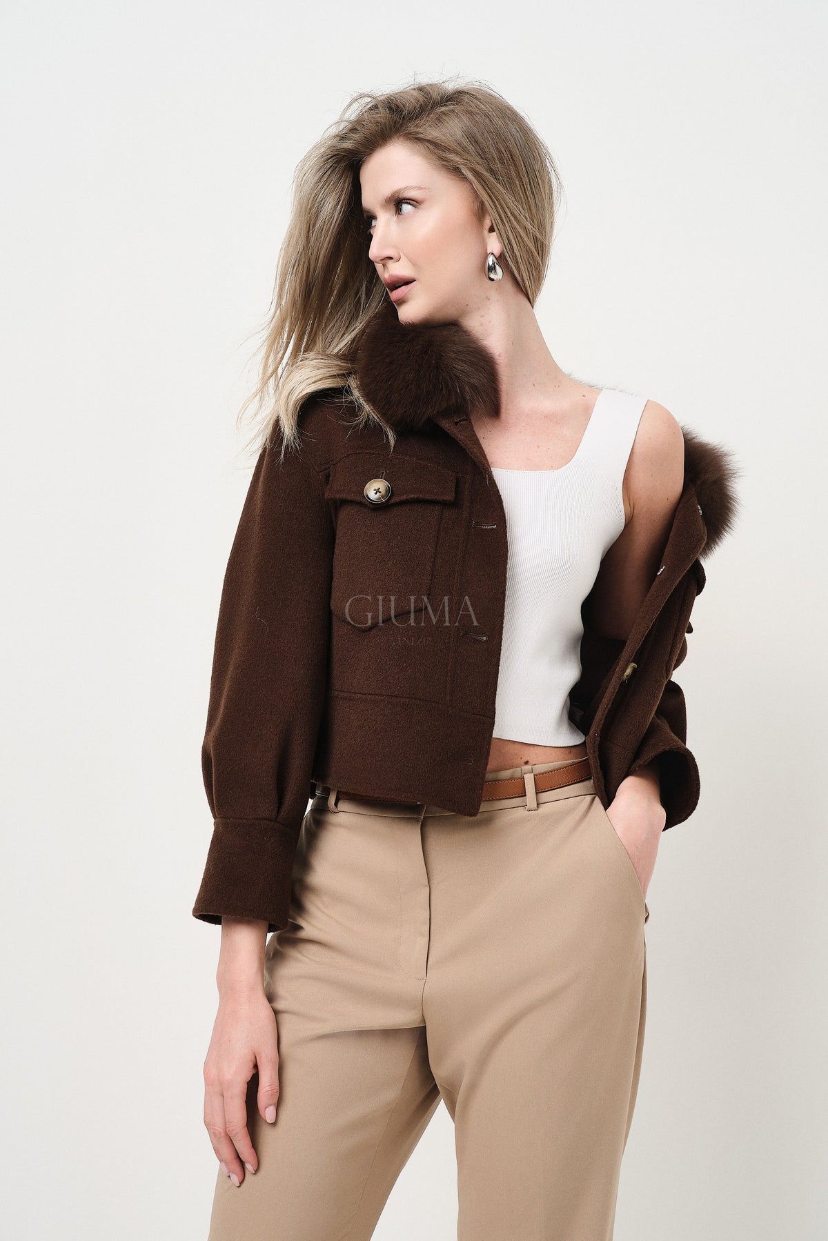 Lola Marrone - cappotto da donna in lana e cachemire marrone, dettaglio 12 | GIUMA Venezia