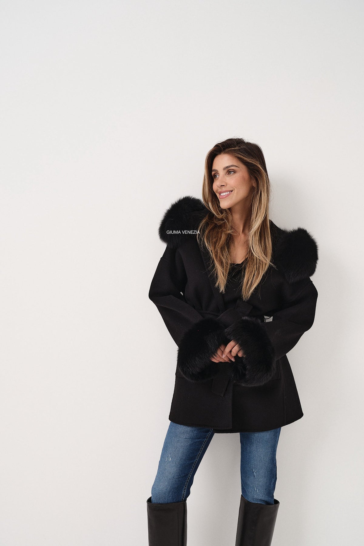 Petra Nero - cappotto da donna in lana e cachemire nero, dettaglio 10 | GIUMA Venezia
