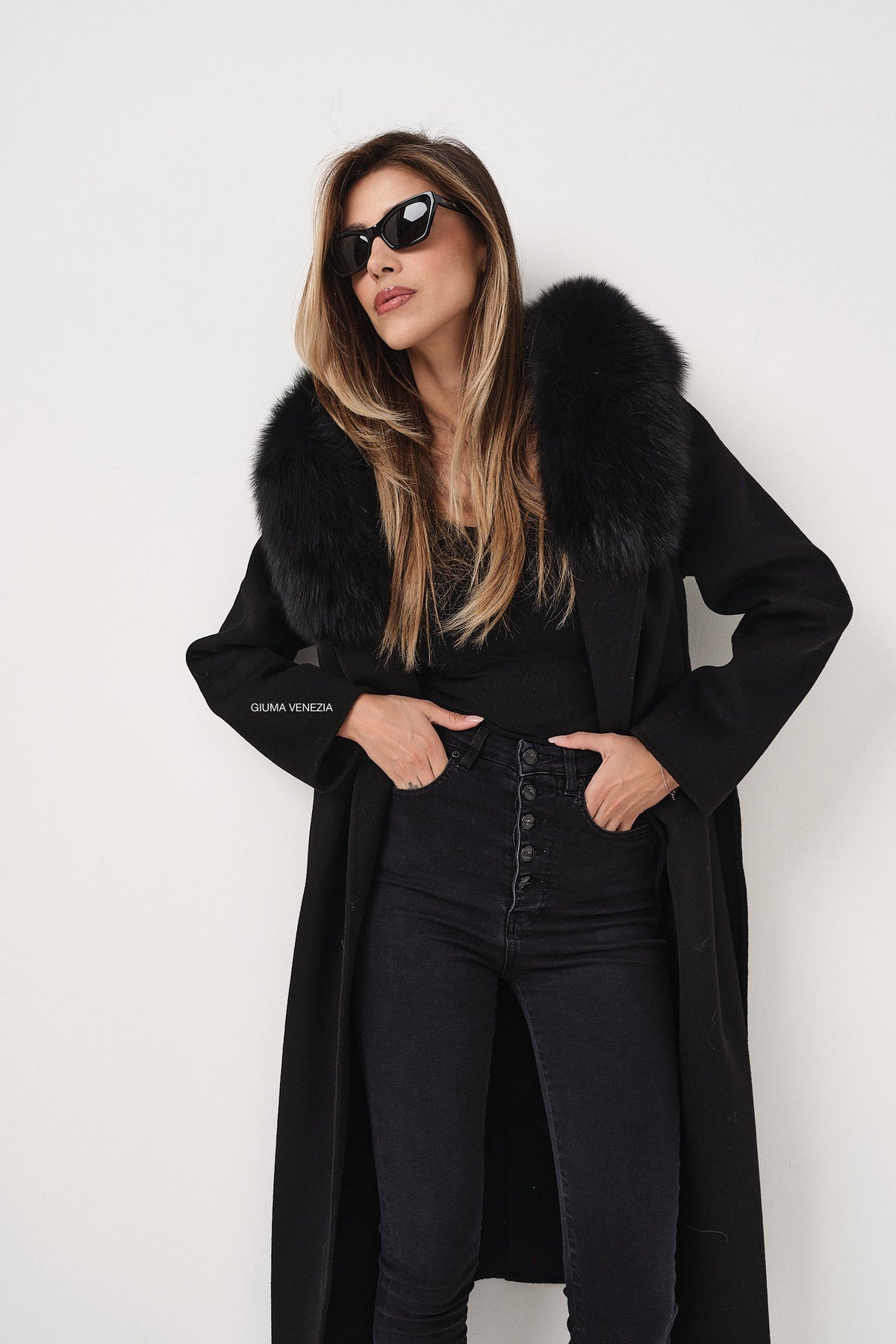 Agatha Long Black - cappotto da donna in lana e cachemire nero, dettaglio 10 | GIUMA Venezia