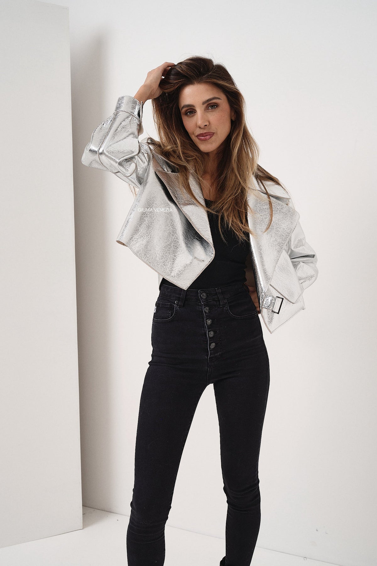 Emy Silver Oversize - giacca da donna in vera pelle argento, dettaglio 4 | GIUMA Venezia
