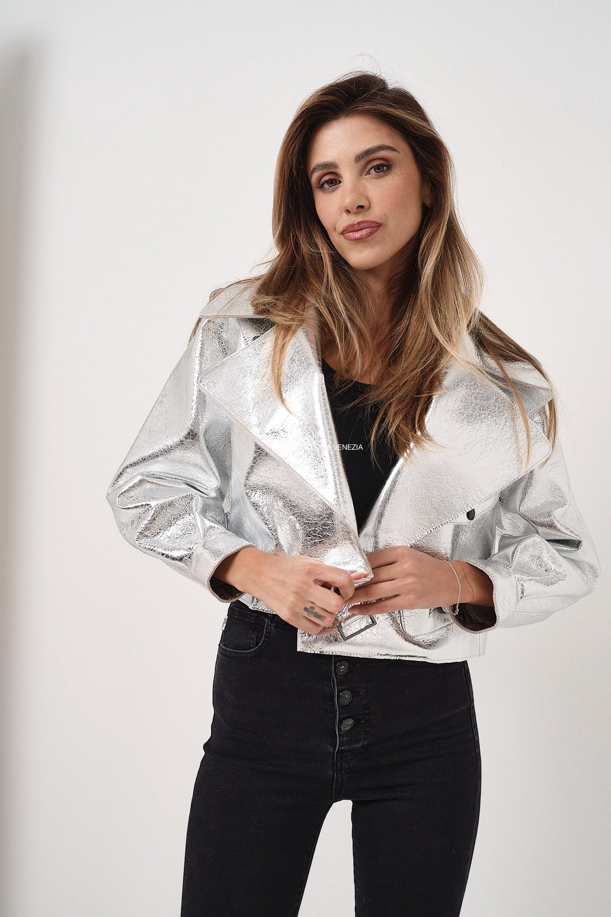 Emy Silver Oversize - giacca da donna in vera pelle argento, dettaglio 5 | GIUMA Venezia