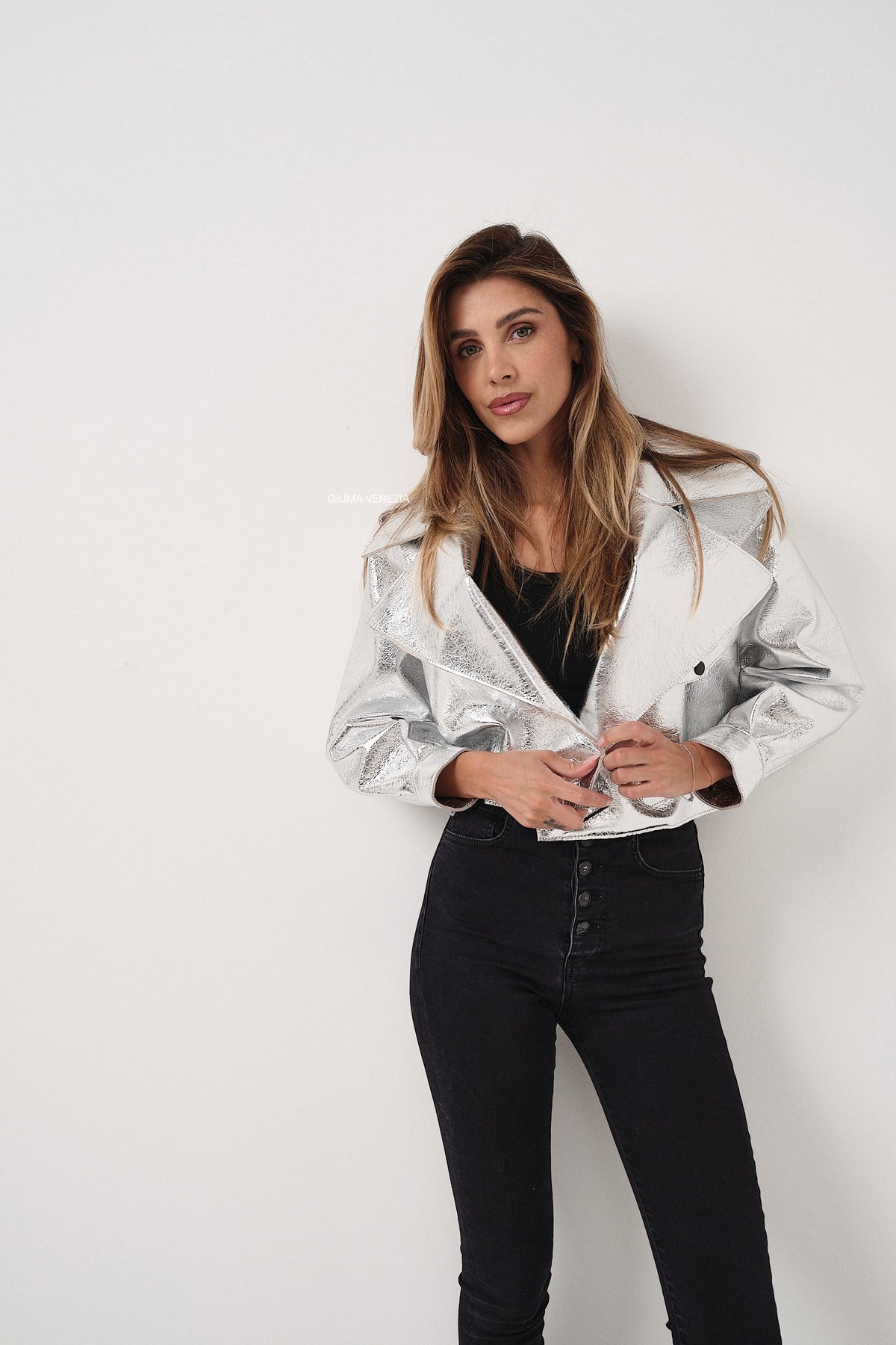 Emy Silver Oversize - giacca da donna in vera pelle argento, dettaglio 6 | GIUMA Venezia