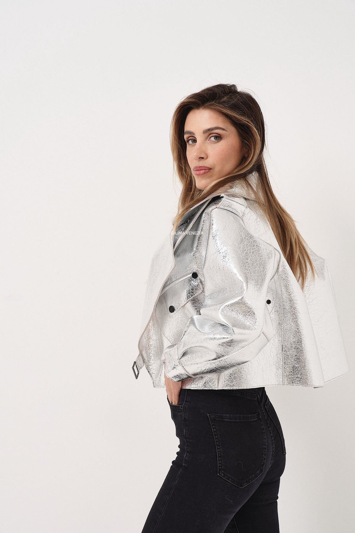 Emy Silver Oversize - giacca da donna in vera pelle argento, dettaglio 9 | GIUMA Venezia
