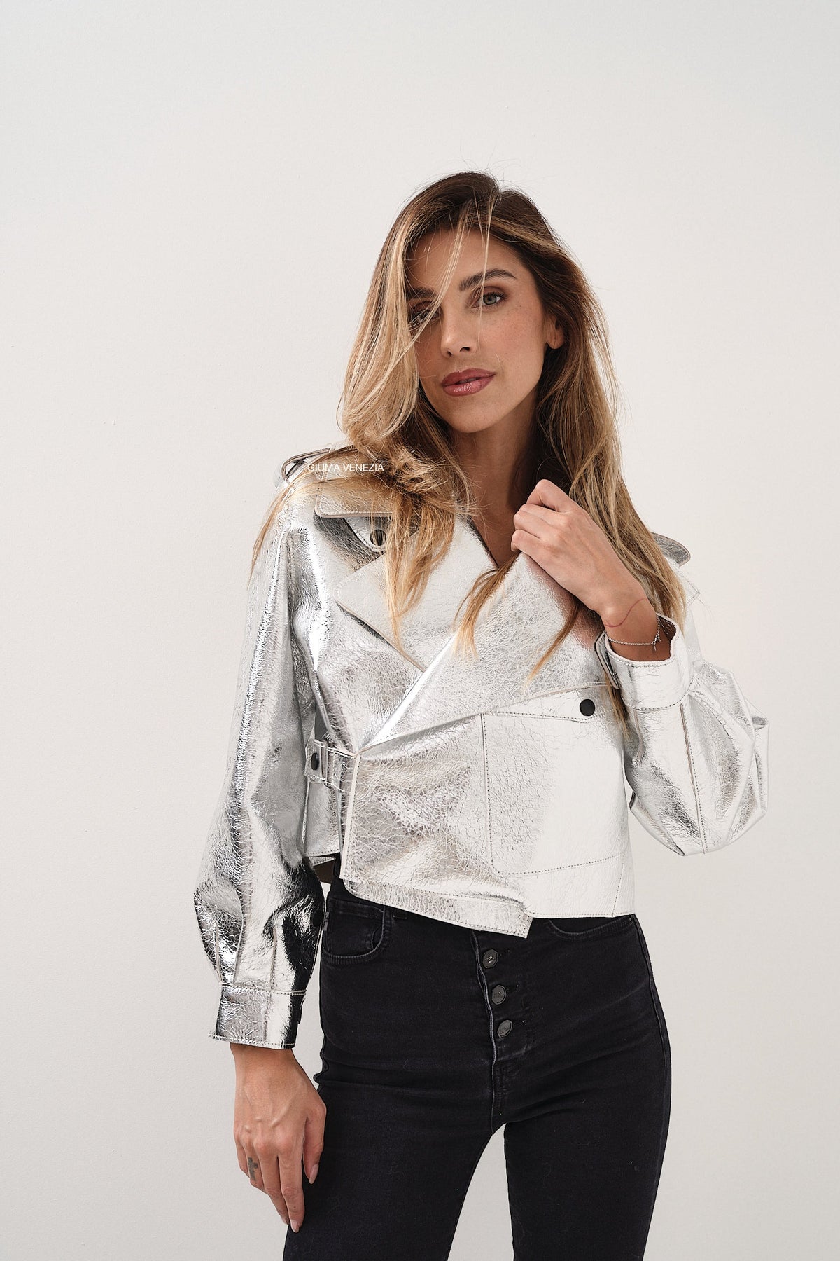 Emy Silver Oversize - giacca da donna in vera pelle argento, dettaglio 12 | GIUMA Venezia
