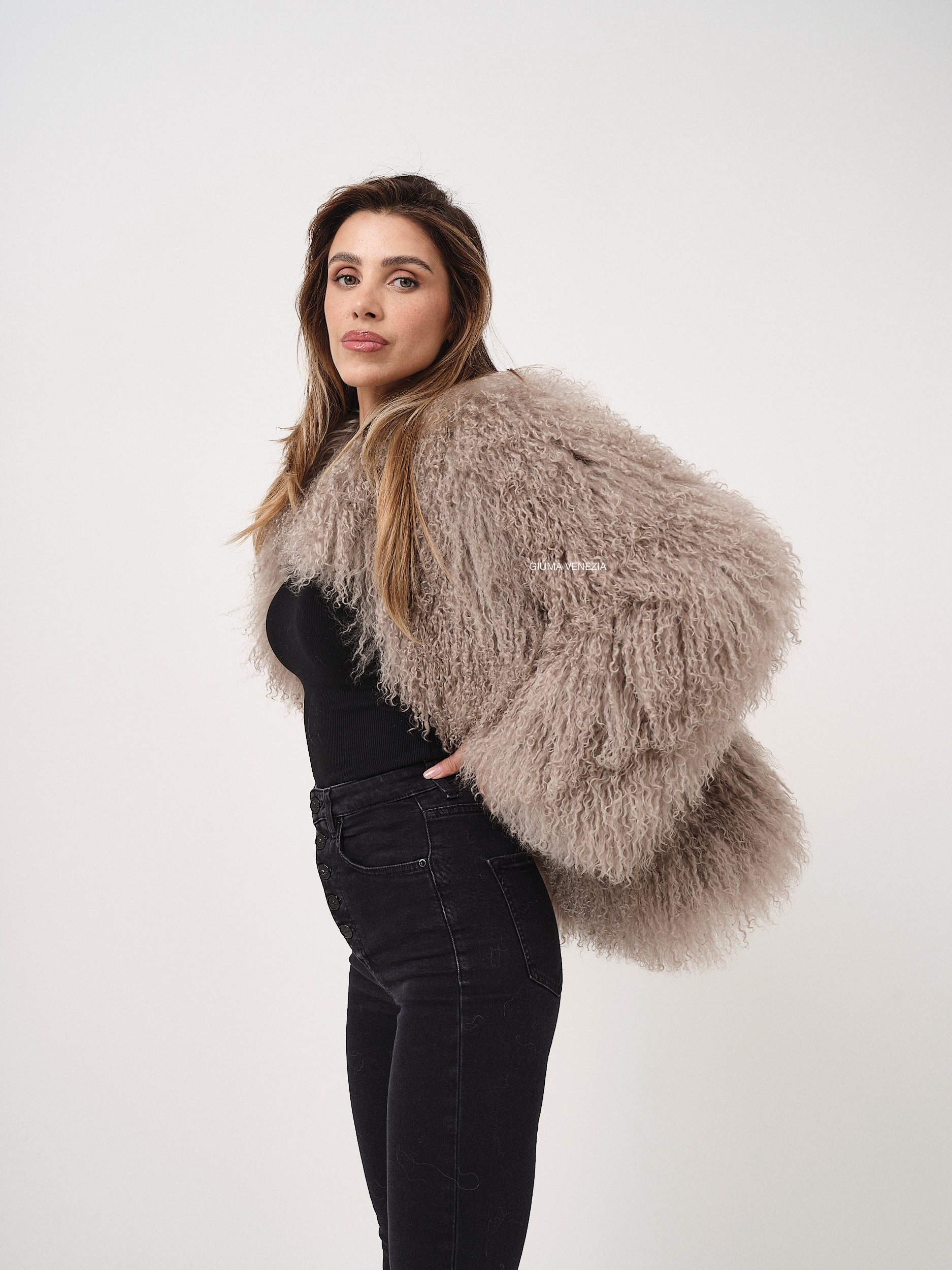 KAMILA KHAKI mongolian fur 57 cm