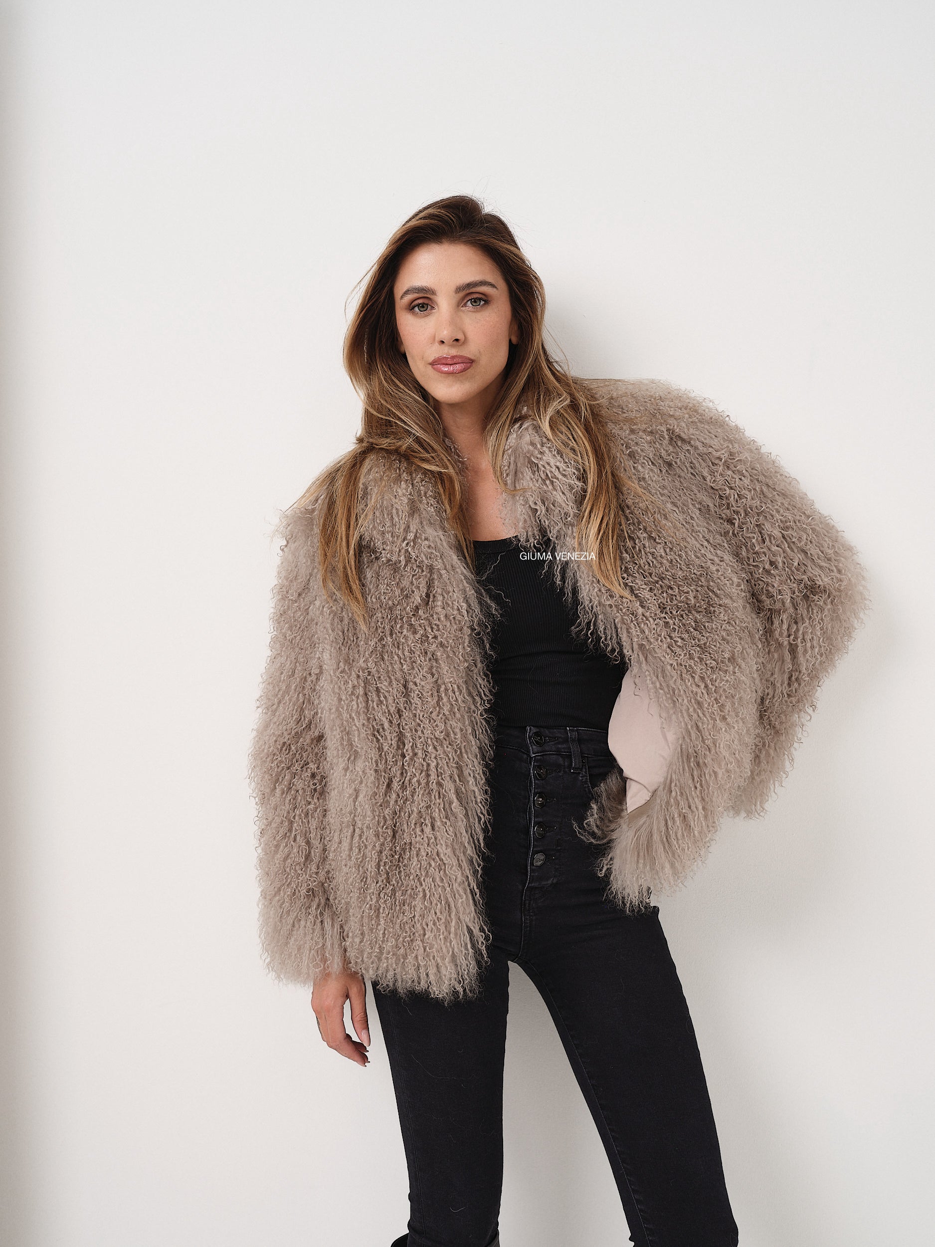 KAMILA KHAKI mongolian fur 57 cm