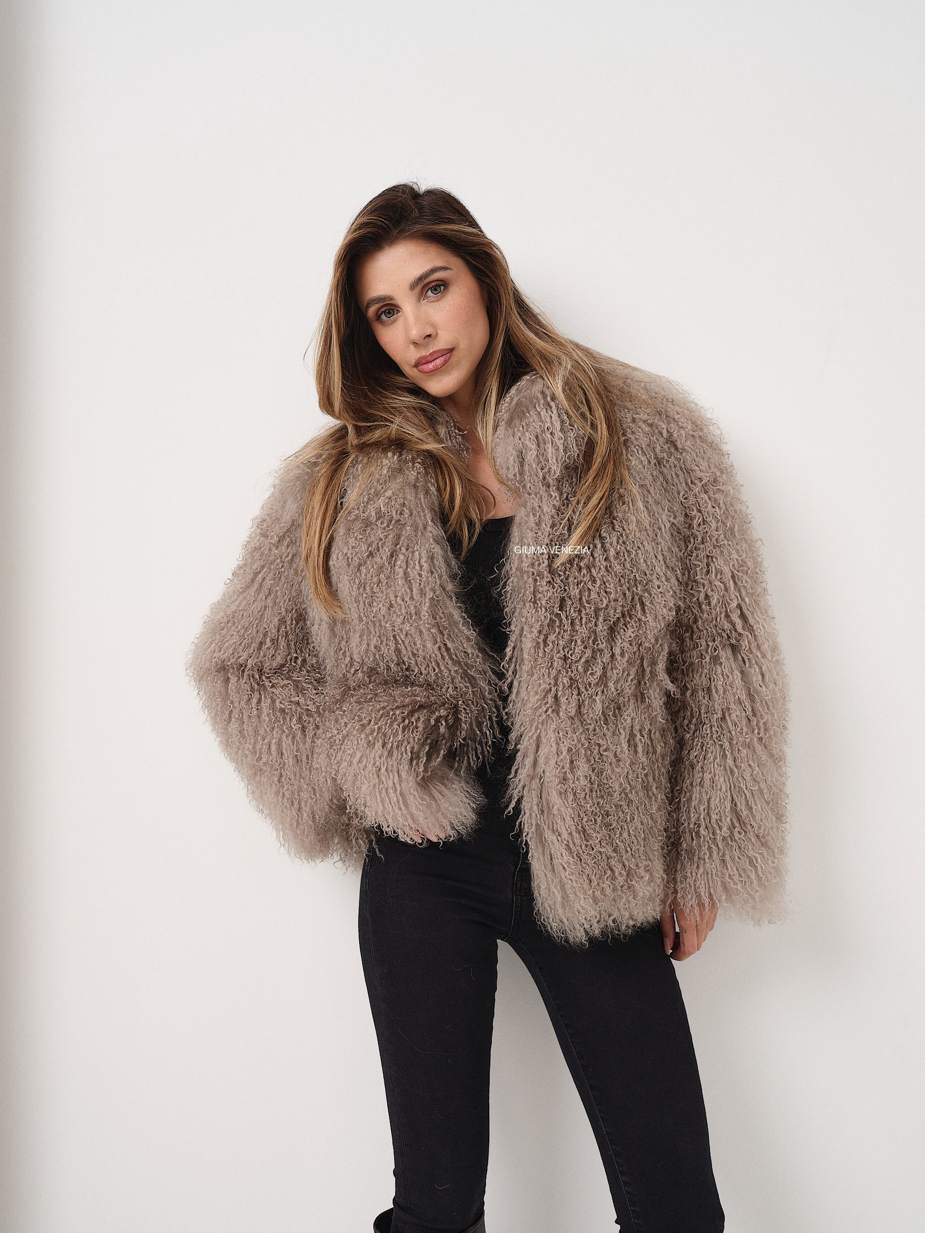 KAMILA KHAKI mongolian fur 57 cm