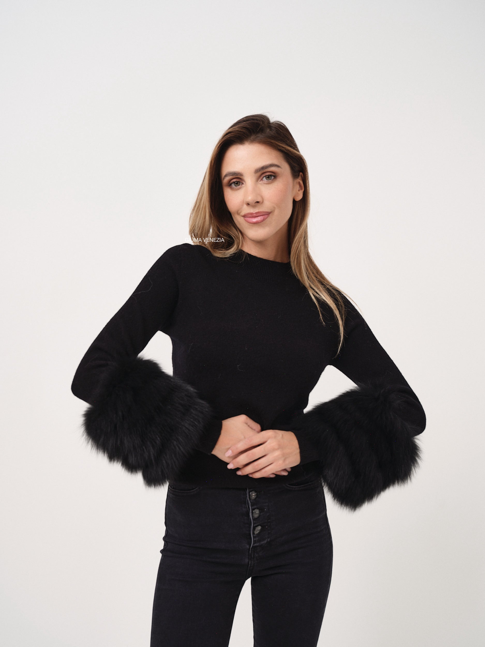 Black fur detail sweater