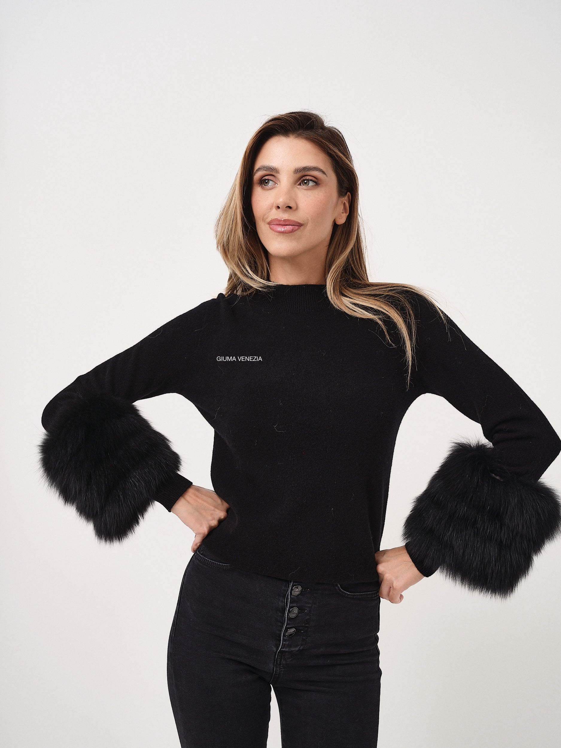 Black fur detail sweater