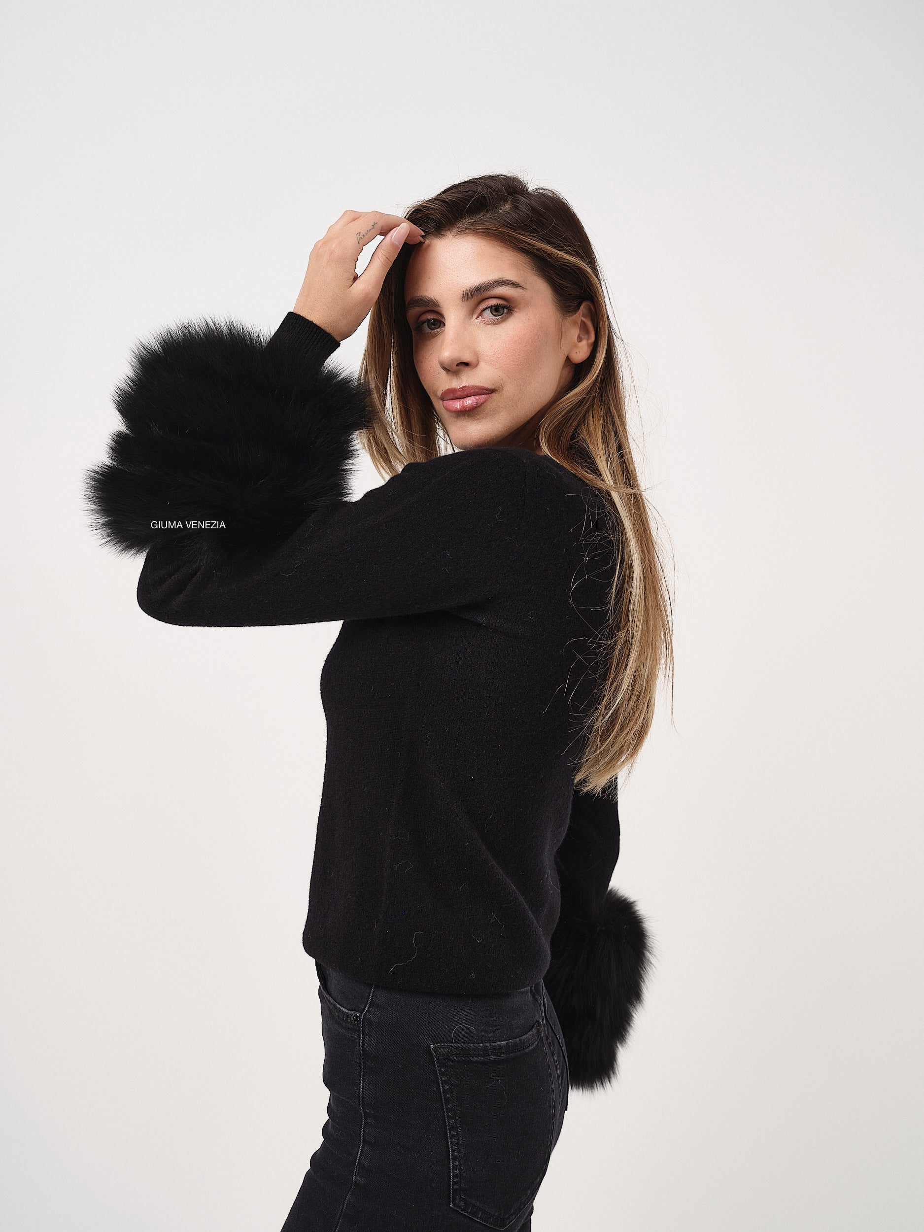 Black fur detail sweater